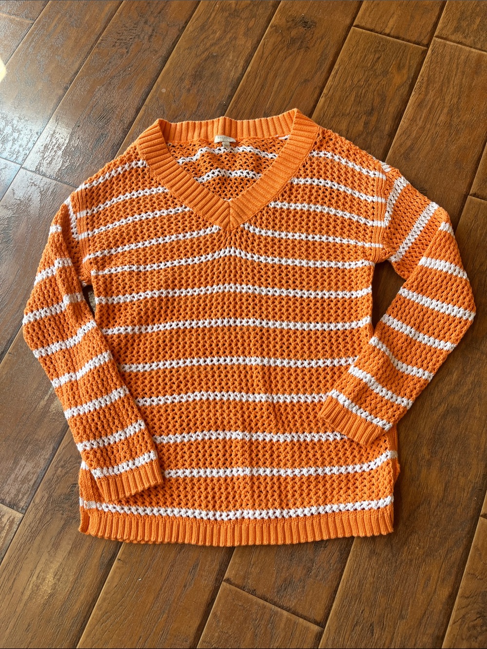 Talbots Orange & White Striped V-Neck Crochet Sweater - Size Large